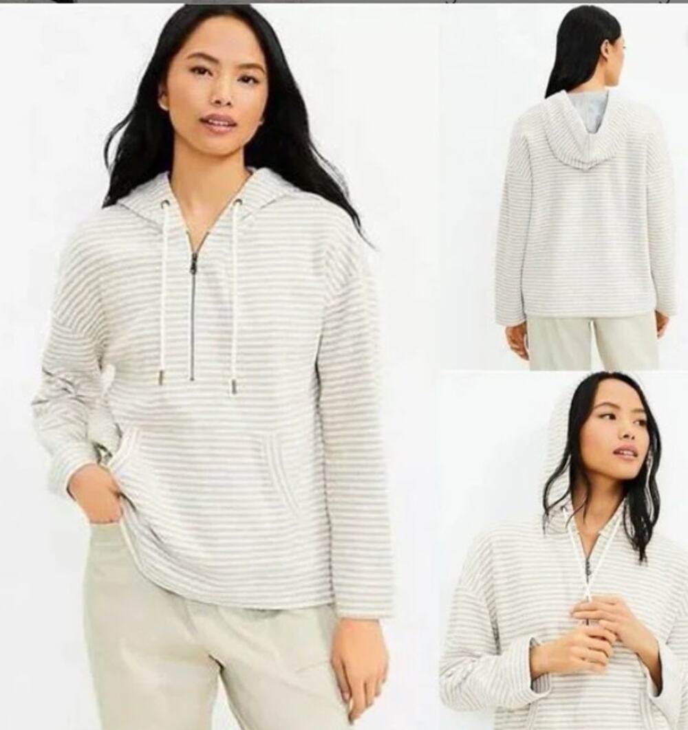 Lou & Grey Womens Large Quarter Zip Striped Hoodie Cotton Nylon